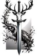 long sword wrapped masculine deer head handle small leaves running vines tattoo design idea