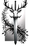 long sword wrapped masculine deer head handle small leaves running vines tattoo design idea