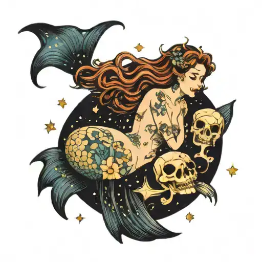Old School Black Tatoo Mermaid with holding skull on her belly, sitting in the sea, starry night tattoo design idea