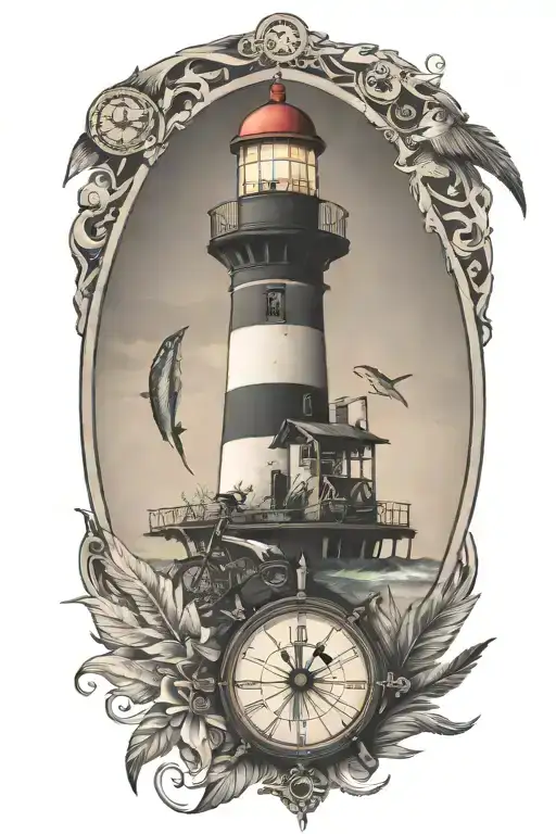 Light house, ship wheel with a clock, Indian feather, tropical fish, motorcycle tattoo design idea