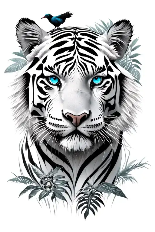white tiger with blue eyes in a jungle with a cardinall bird and trojan horse tattoo design idea