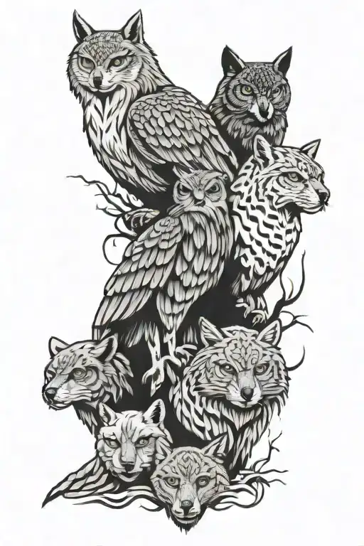 animal totem pole eagle cougar wolf owl stacked together tattoo design idea