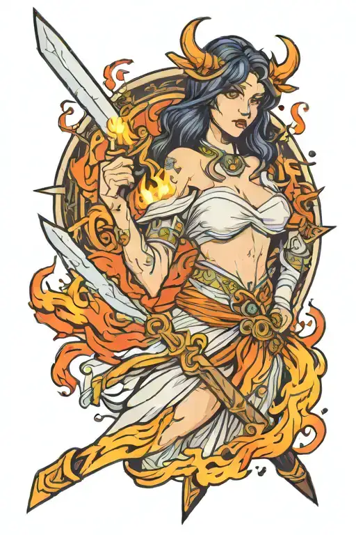 Hestia holding a burning flame swords And Between Them tattoo design idea