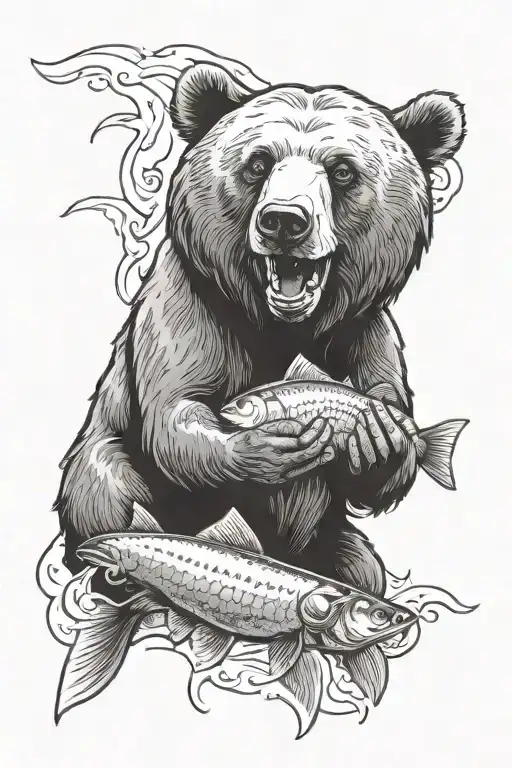 bear with fish in its mouth tattoo design idea