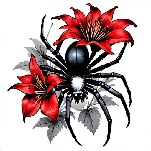 black spider with red spiderlilies in the back tattoo tattoo design idea