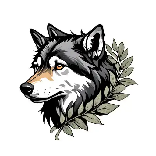 laurel leaf and wolf head profile holding tattoo design idea