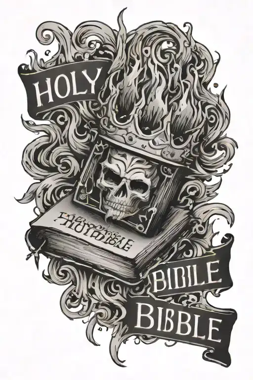 Holy Bible on fire with the words "Holy Bible" scratched out and replaced with "Teen Idle" with a prom queen crown ontop tattoo design idea