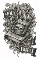 Holy Bible on fire with the words "Holy Bible" scratched out and replaced with "Teen Idle" with a prom queen crown ontop tattoo design idea