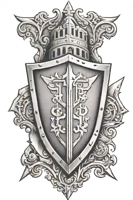 Fortress and rock and shield tattoo design idea