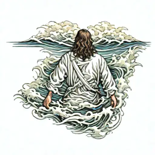 Hyper Realistic, Portrait of Jesus Christ walking from the back, on water waves, stormy waters, highly detailed imagery, tattoo design idea