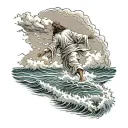 Hyper Realistic, Portrait of Jesus Christ walking from the back, on water waves, stormy waters, highly detailed imagery, tattoo design idea