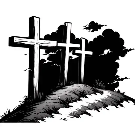 3 crosses on hill with clouds and light beams realistic  tattoo design idea