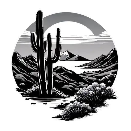 Japanese sunrise with mountains and saguaro cactus in the foreground tattoo design idea