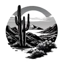Japanese sunrise with mountains and saguaro cactus in the foreground tattoo design idea
