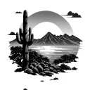 Japanese sunrise with mountains and saguaro cactus in the foreground tattoo design idea