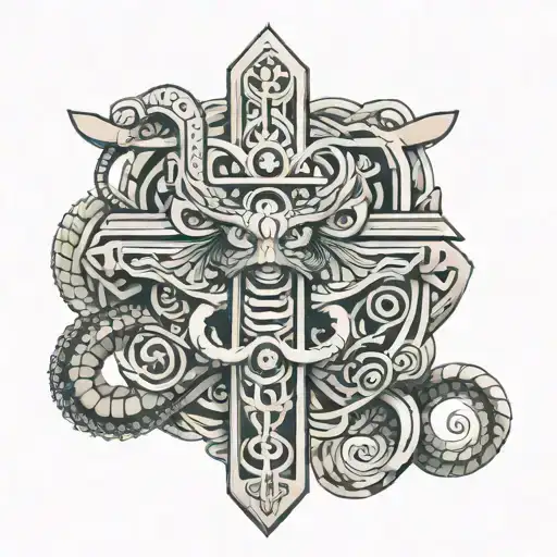 cross with quetzalcoatl wrapped tattoo design idea