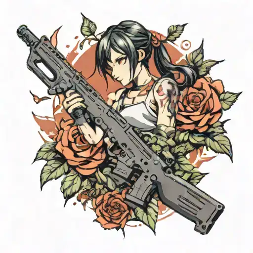 An anime-inspired tattoo design of a fierce combat scene with knives and guns, incorporating elements of plants and animals to symbolize your passion for violence and combat tattoo design idea
