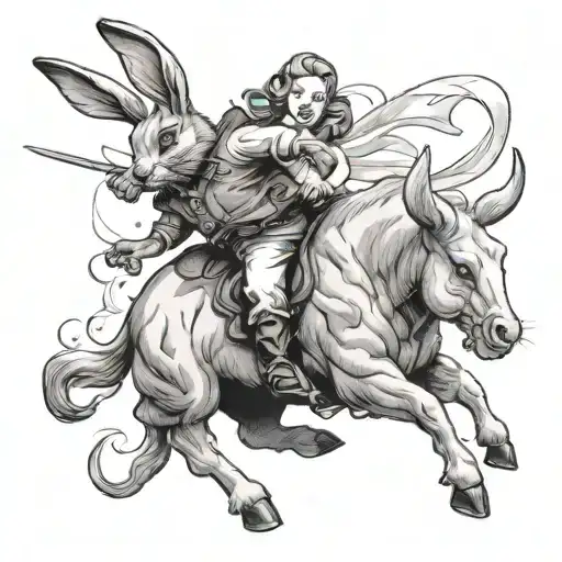 a bunny rabbit and her obscured daddy riding a bull. daddy has a whip tattoo design idea