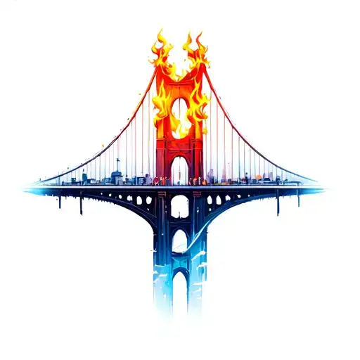 A half-abstract bridge that spans over the forearm. The bridge is already wrapped in flames at one end tattoo design idea