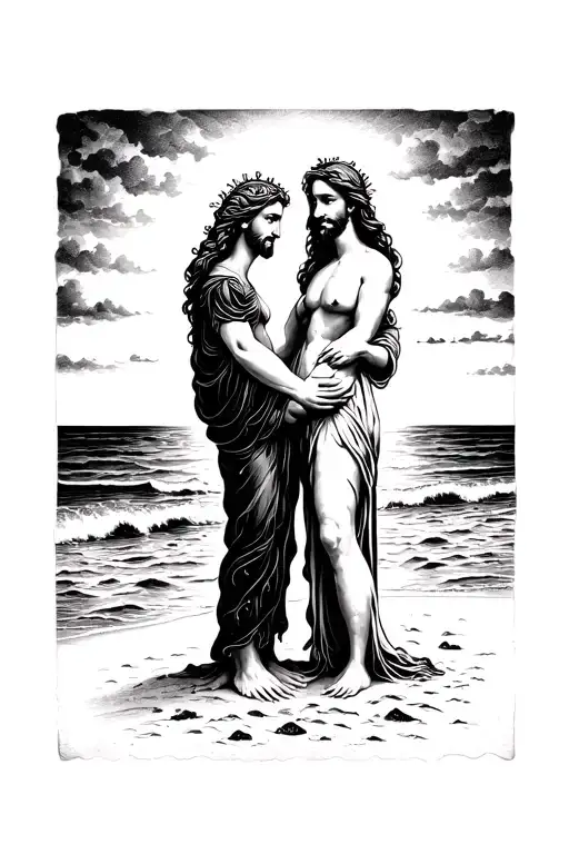 God holding husband and wife hands on the beach tattoo design idea