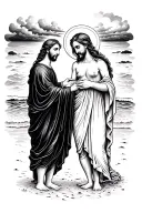 God holding husband and wife hands on the beach tattoo design idea