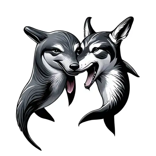 wolf head dolphin and sloth couple enjoying tattoo design idea