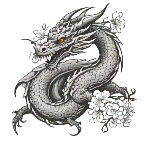 black and gray dragon with cherry blossoms tattoo design idea