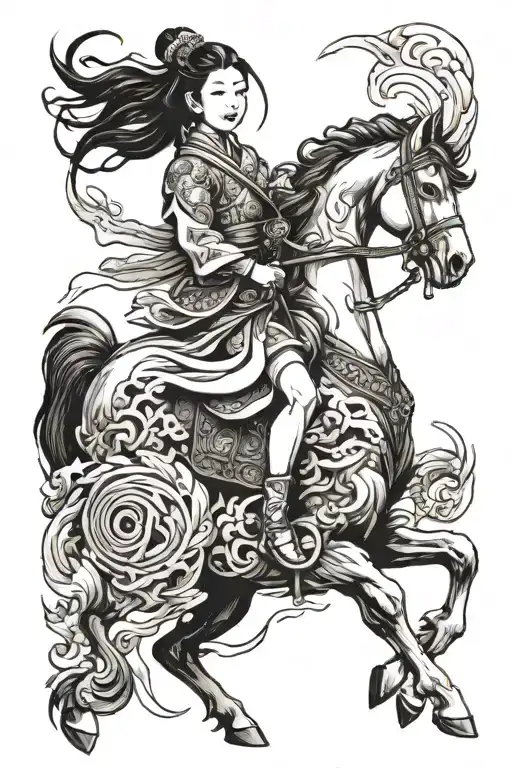 amaterasu and hachiman riding horse holding tattoo design idea