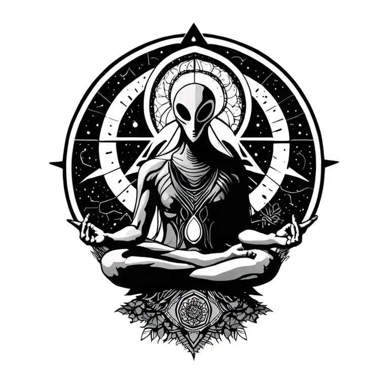 spiritual 3 eye alien meditating with geometric triangle  tattoo design idea