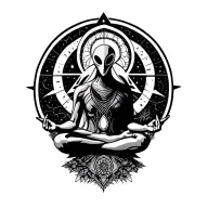 spiritual 3 eye alien meditating with geometric triangle  tattoo design idea