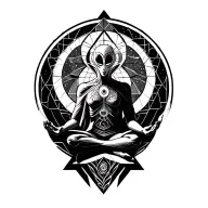 spiritual 3 eye alien meditating with geometric triangle  tattoo design idea