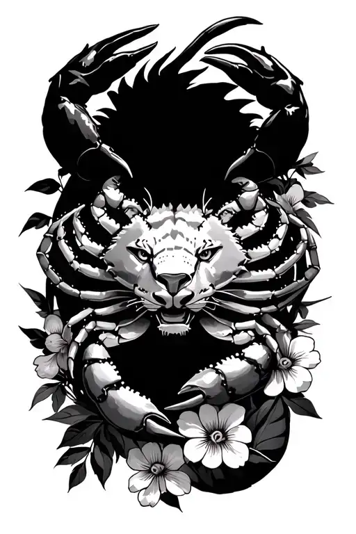 crab, lion and scorpion hybrid surrounded by flowers tattoo design idea