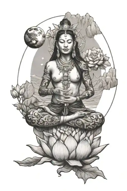 beautiful pachamama  sit on lotus holding the earth with mountain background tattoo design idea