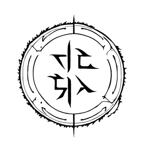 create a tatto of a fire nation emblem sorrounded by a perfect circle then sorrounded by the words 仕えて従う 殺す evenly tattoo design idea