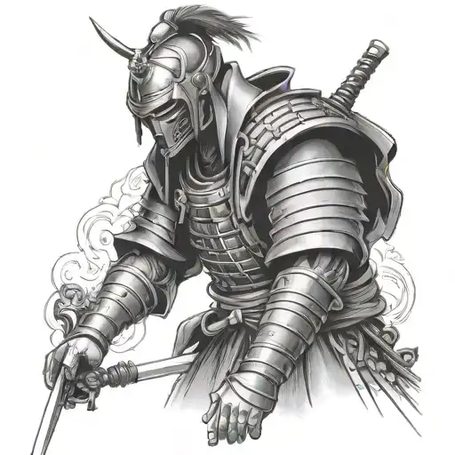 Japanese samurai standing cyberpunk tattoo design idea