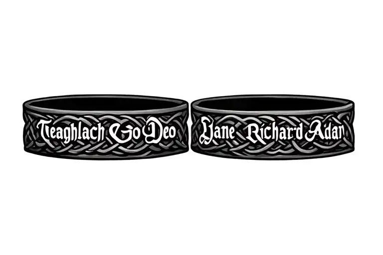 Two Celtic knot bands with the phrase "Teaghlach Go Deo" and the names "Jane", "Richard" and "Aidan" inside the bands  tattoo design idea
