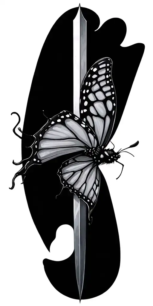 Butterfly that tried to land on sword cut in half  tattoo design idea