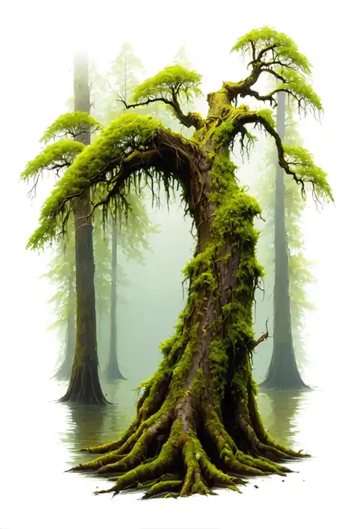 bald cypress knee with moss covered tree tattoo design idea