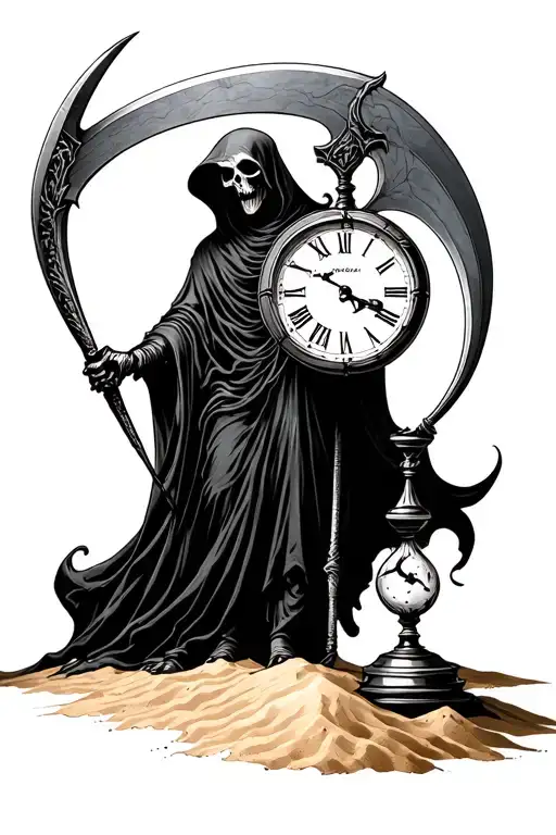 grim reaper holding a scythe and sand clock tattoo design idea