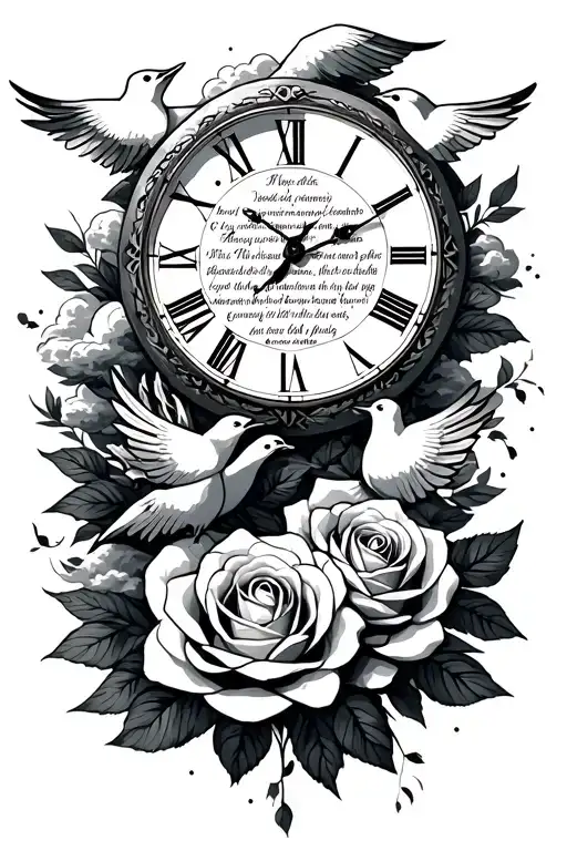 small doves, clouds surrounding, roses intertwined, scripture, clock tattoo design idea