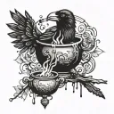 crow and cauldron overflowing tattoo design idea