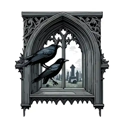 gothic church window looking out to a graveyard with crow tattoo design idea