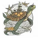 Full rigged ship, swallow (bird), shellback turtle, an anchor, sea turtle, hula girl, a sexy cat walking on the keys of  tattoo design idea