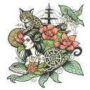 Full rigged ship, swallow (bird), shellback turtle, an anchor, sea turtle, hula girl, a sexy cat walking on the keys of  tattoo design idea