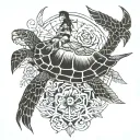 Full rigged ship, swallow (bird), shellback turtle, an anchor, sea turtle, hula girl, a sexy cat walking on the keys of  tattoo design idea