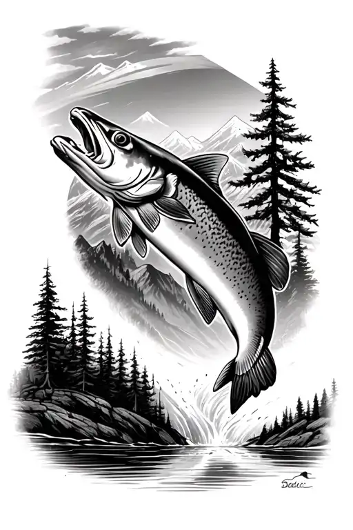 can you create a tattoo of a river scene with pine trees and mountains in the back with a rainbow trout jumping out  tattoo design idea