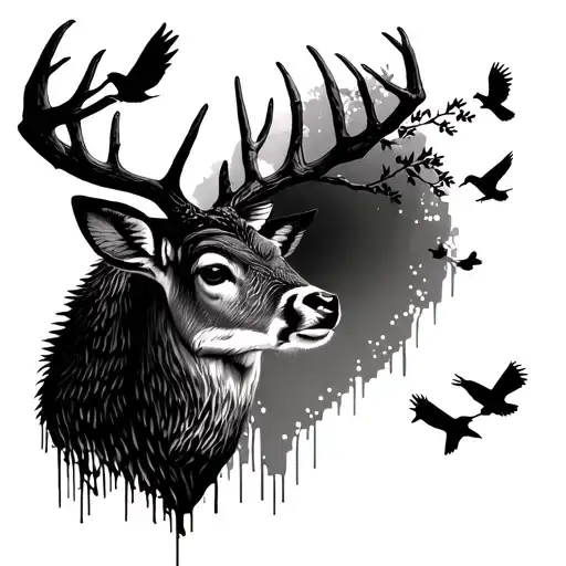 deer wood as a branch and 3 birds on a baby imprint flying away tattoo design idea