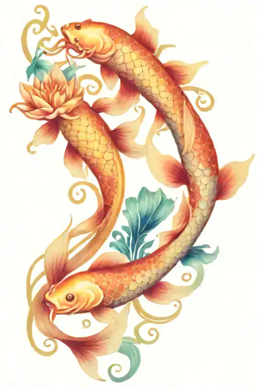 Side tattoo full color koi fish and lotus flowers tribal swirls tattoo design idea