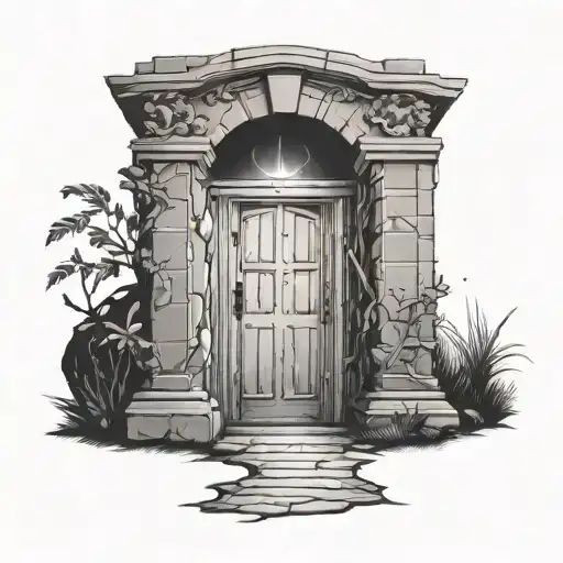 Open door with a pathway leading towards a glowing tattoo design idea