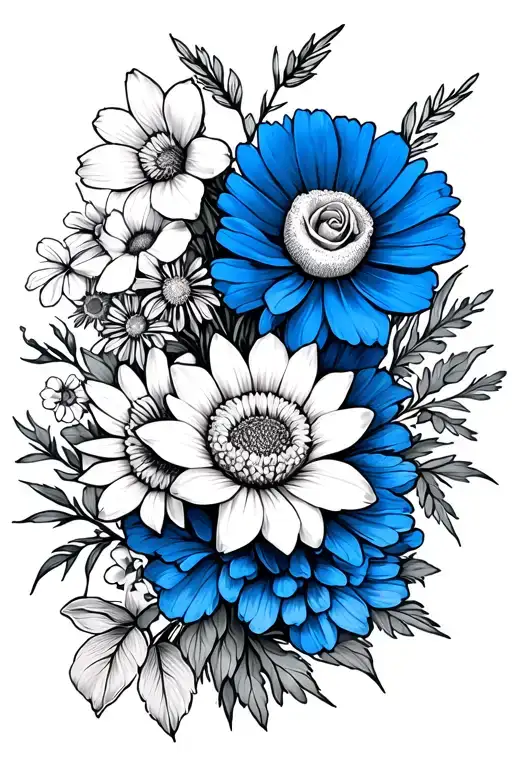 fine line bouquet with a blue bonnet, an aster, a mornign glory, a narcissus, a daffodil, a rose, a daisy, a waterlilly tattoo design idea